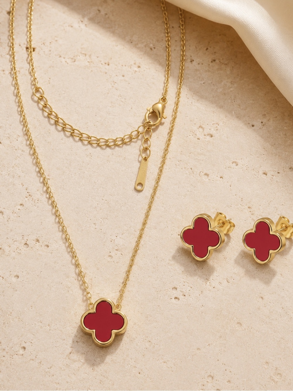 18k Gold Red Four Leaf Clover Necklace & Stud Earrings 2 Piece Jewelry Set VC